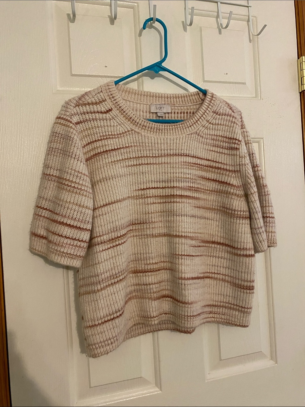 LOFT Cream Short Sleeve Knit Crop Top with Rust Stripes